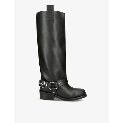 Ganni Womens Black Buckle-embellished Leather Knee-high Boots