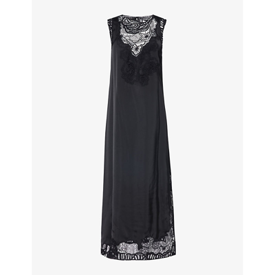 Jil Sander Womens Black Lace-trim Split-hem Satin Midi Dress