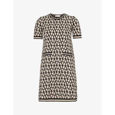 Valentino Wool Knit Logo Short Sleeve Mini Dress In Beige/nero