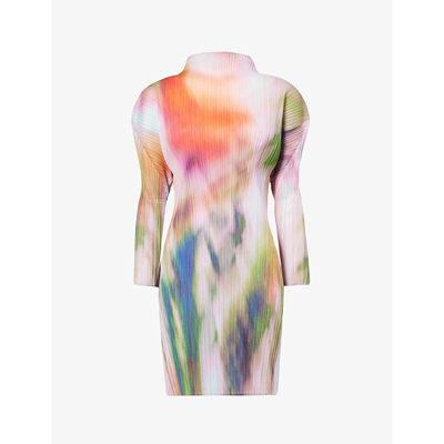 Issey Miyake Abstract Print Pleated Long Sleeve Dress In Turnip