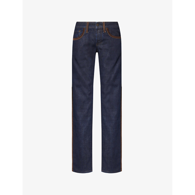 Miu Miu Contrast-trim Brand-embroidered Mid-rise Straight-leg Jeans In Blu+marrone