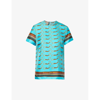 GUCCI GUCCI WOMEN'S TURQUOISE BROWN MC GRAPHIC-PRINT SHORT-SLEEVE SILK TOP