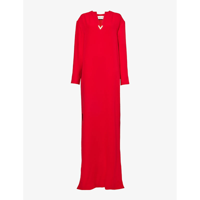 Valentino Garavani Womens Rosso V-neck Logo-plaque Silk Gown In Red