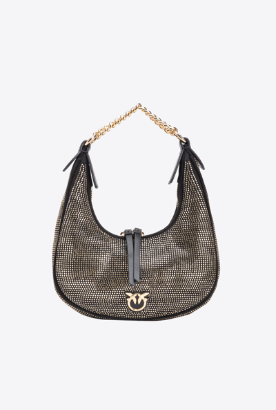 Pinko Mini Brioche Bag Hobo Avec Strass All-over In Noir Limousine-or Brillant