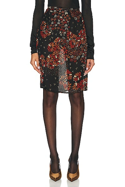 Saint Laurent Floral Chiffon Pencil Skirt In Noir Multicolor