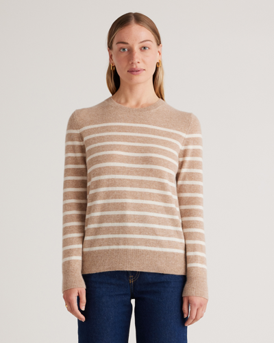 Quince Women's Mongolian Cashmere Crewneck Sweater In Oatmeal/ivory Stripe