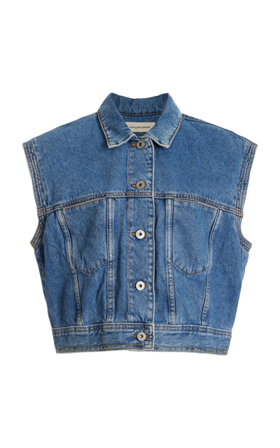 Outland Denim Blake Cropped Organic Denim Waistcoat In Blue