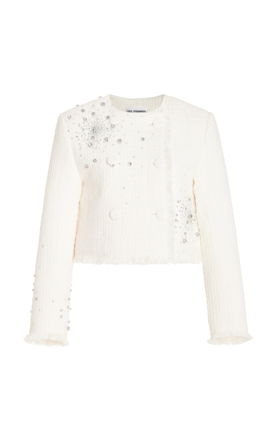 Des_phemmes Exclusive Crystal-embellished Cotton Tweed Cropped Jacket In White