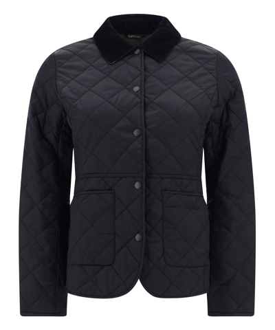 Barbour Deveron Quilted Buttoned Jacket In Navy/pale Pink
