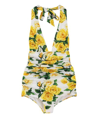 Dolce & Gabbana Flowering Draped One-piece Swimsuit In White
