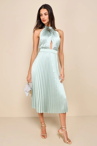 Lulus Totally Charming Sage Green Satin Pleated Halter Midi Dress