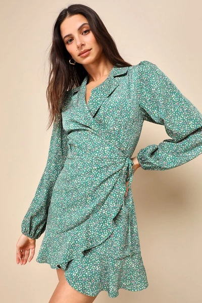 Lulus Totally Cute Time Green Floral Collared Wrap Mini Dress
