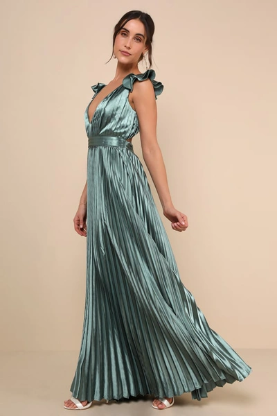 Lulus Exceptional Drama Sage Green Satin Lace-up Pleated Maxi Dress