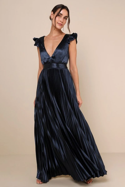Lulus Exceptional Drama Navy Blue Satin Lace-up Pleated Maxi Dress