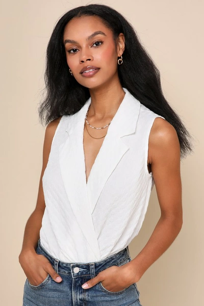 Lulus Sophisticated Concept White Burnout Textured Collared Bodysuit