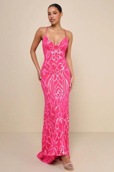 Lulus Perfect Enchantment Hot Pink Sequin Lace-up Mermaid Maxi Dress