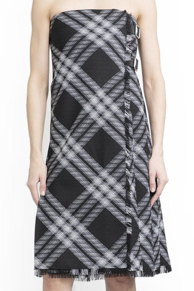 Burberry Strapless Leather-trimmed Checked Wool Mini Dress In Black