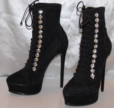 Pre-owned Casadei 39/8.5❤️ High Heel Crystal Black Suede Leather Ankle Boots Bootie Italy