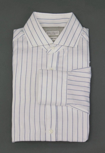 Pre-owned Brunello Cucinelli Mens "slim Fit" Linen-cotton Pinstripe Button-down M A238 In White + Navy Blue Print