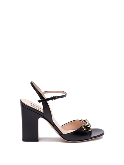 Gucci Lady Leather Horsebit Ankle-strap Sandals In 1000 Nero
