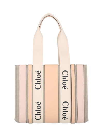 Chloé Pink Woody Medium Linen Tote Bag
