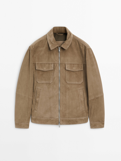 Massimo Dutti Suede Leather Trucker Jacket In Beige