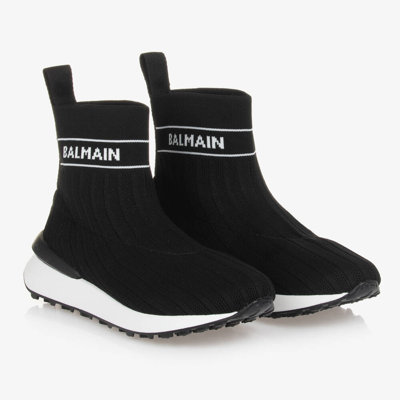 Balmain Kids' Logo-intarsia Mesh High-top Trainers In Black