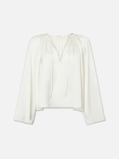 Frame V-neck Shirred Blouse Top Cream In White