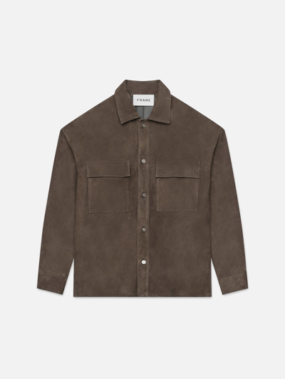 Frame Long Sleeve Suede Shirt Dark Wood Leather In Brown