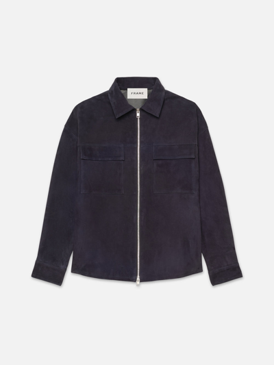 Frame Clean Suede Zip Shirt Dark Navy Leather In Blue