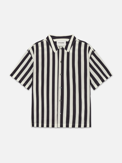 Frame Camp Collar Shirt Navy Stripe 100% Cotton In Black