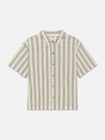 Frame Camp Collar Shirt Smoke Beige Stripe 100% Cotton In Green