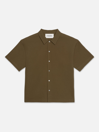 Frame Waffle Textured Short Sleeve Shirt Dark Beige 100% Cotton In Green