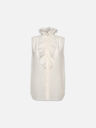 Frame Sleeveless Ruffle Front Blouse Top Cream Silk In Off-white