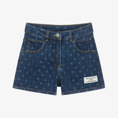 Balmain Kids' Logo字母牛仔短裤 In Blue