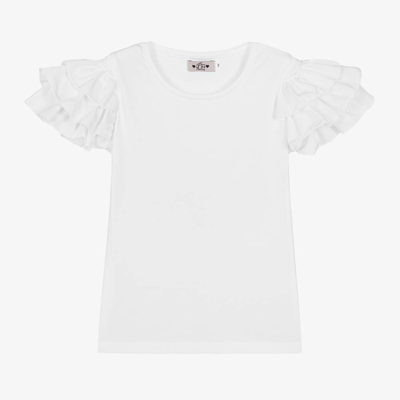 Phi Clothing Kids' Girls White Cotton Frill Sleeve T-shirt