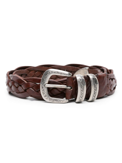 Brunello Cucinelli Engraved-buckle Braided Leather Belt In Brown