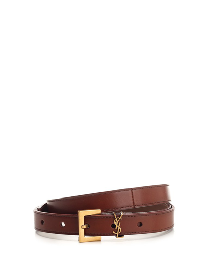 Saint Laurent Cassandre Thin Belt In Brown