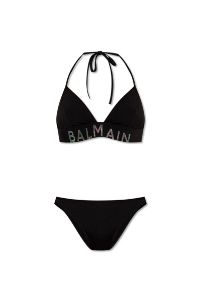 Balmain Logo Embellished Stretched Bikini Set In Black
