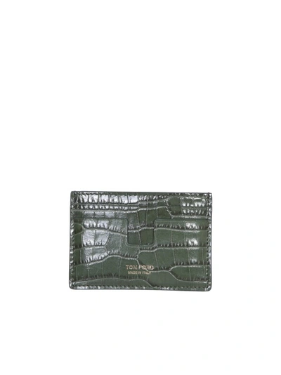 Tom Ford Crocodile Effect Leather Cardholder In Grey