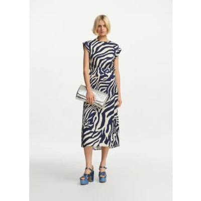 Essentiel Antwerp Fayola Zebra-stripe Cap-sleeve Midi Dress In Blau