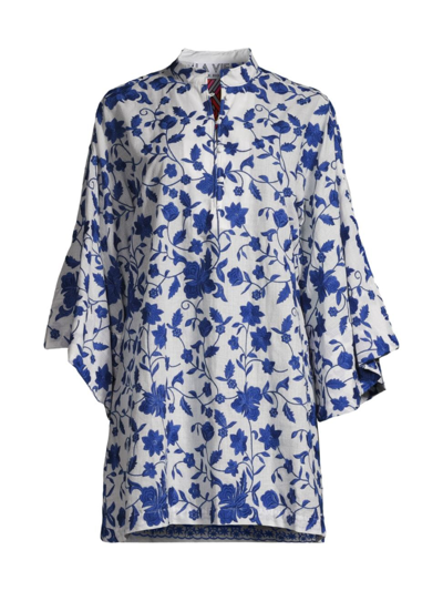 La Vie Style House Women's Floral Embroidered Cotton Long-sleeve Mini Caftan In Blue White