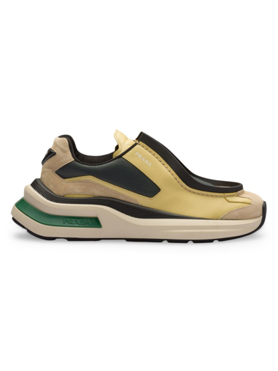 Prada Men's Systeme Brushed Leather Trainers In Yellow