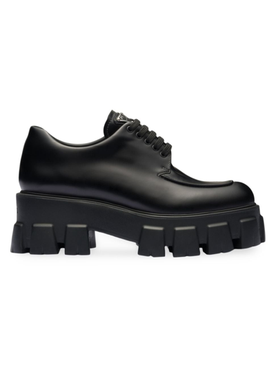 Prada Women's Monolith Brushed Leather Lace-up Shoes In Black