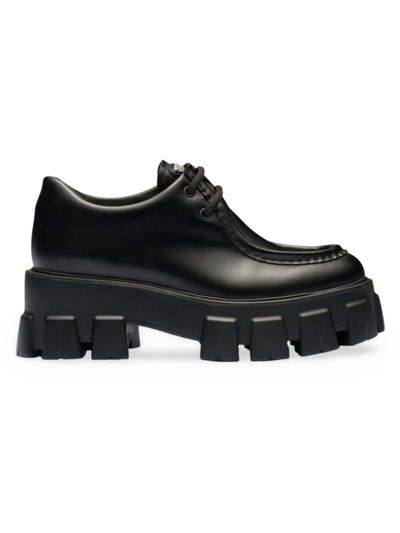 Prada Monolith Brushed Leather Lace-up Shoes In Black