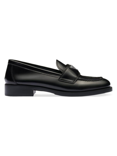 Prada Women's Unlined Brushed Leather Loafers In Black