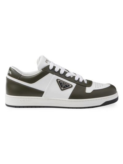 Prada Men's Downtown Leather Sneakers In White/military Green