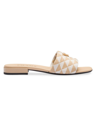 Prada Women's Embroidered Fabric Slides In Beige