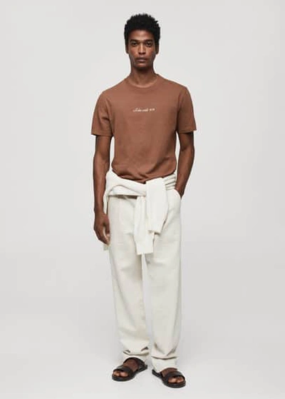 Mango Man 100% Cotton T-shirt With Printed Detail Brown