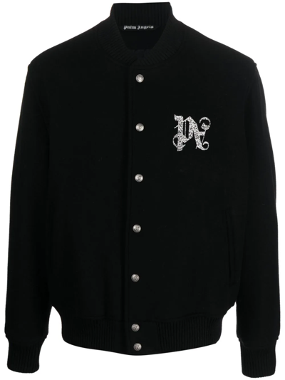 Palm Angels Monogram Wool Blend Varsity Jacket In Black